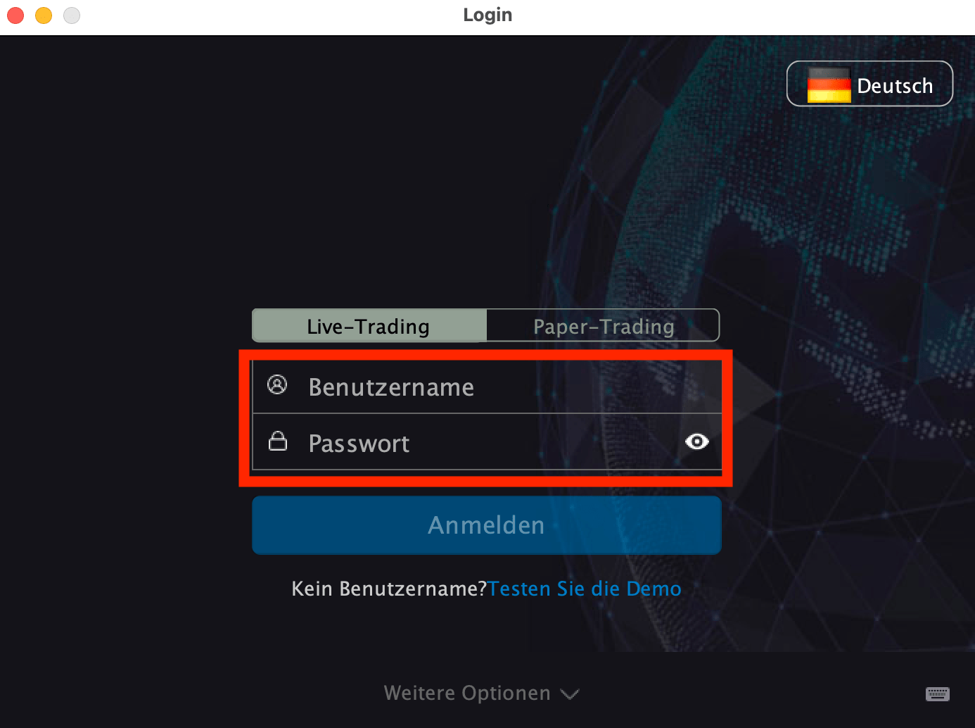 Login-Bildschirm der Interactive Brokers TWS mit Benutzername- und Passwort-Feldern