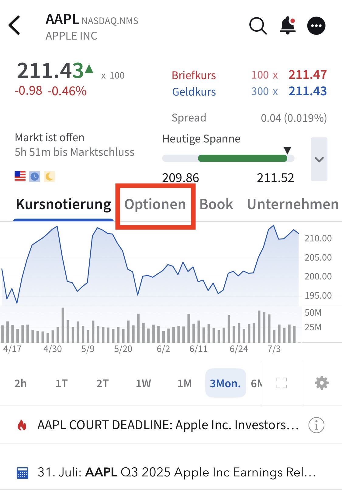 Optionsauswahl in der Interactive Brokers App