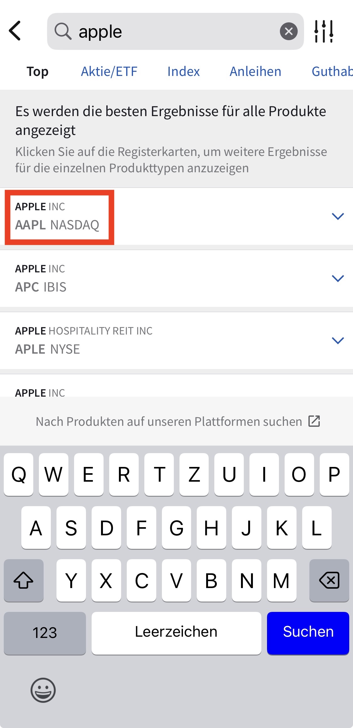 Aktiensuche in der Interactive Brokers App