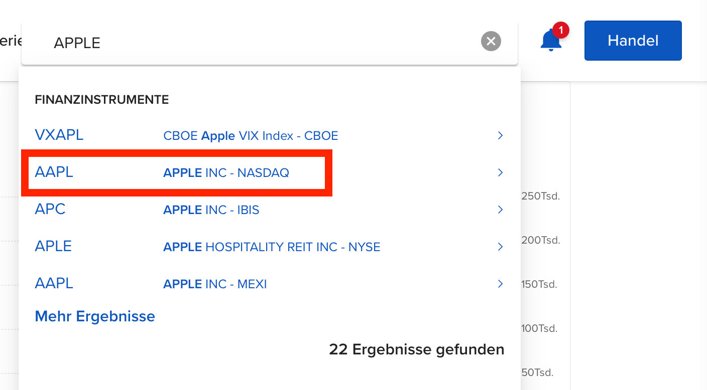 Laptop Aktiensuche im Menü Estably