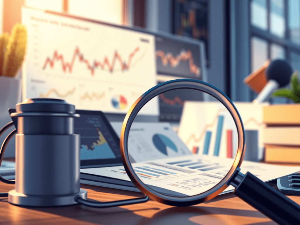 lupe mit bildschirm und charts