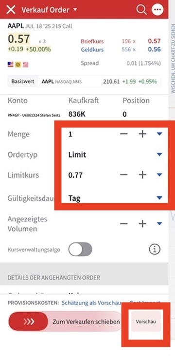 Verkaufsorder Menge und Limitkurs in der Interactive Brokers App