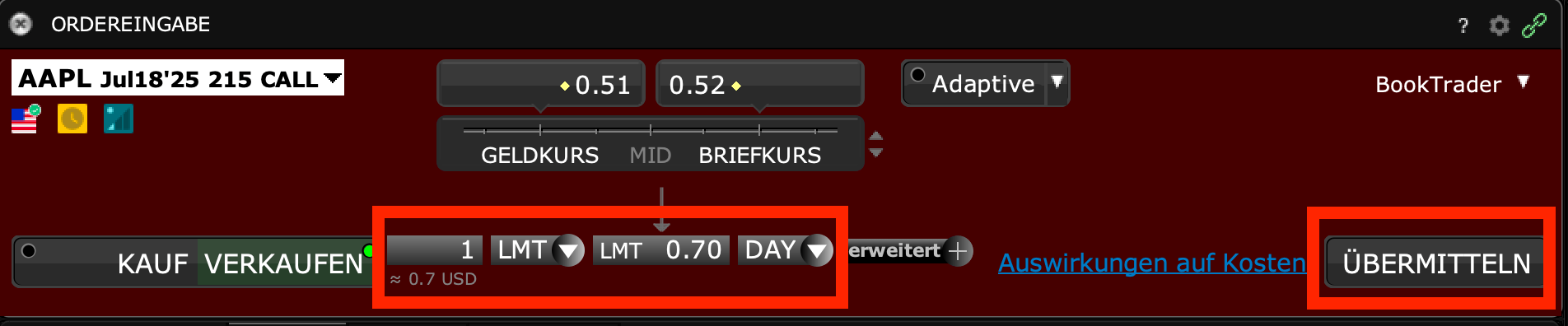 Order einstellen in der Interactive Brokers TWS