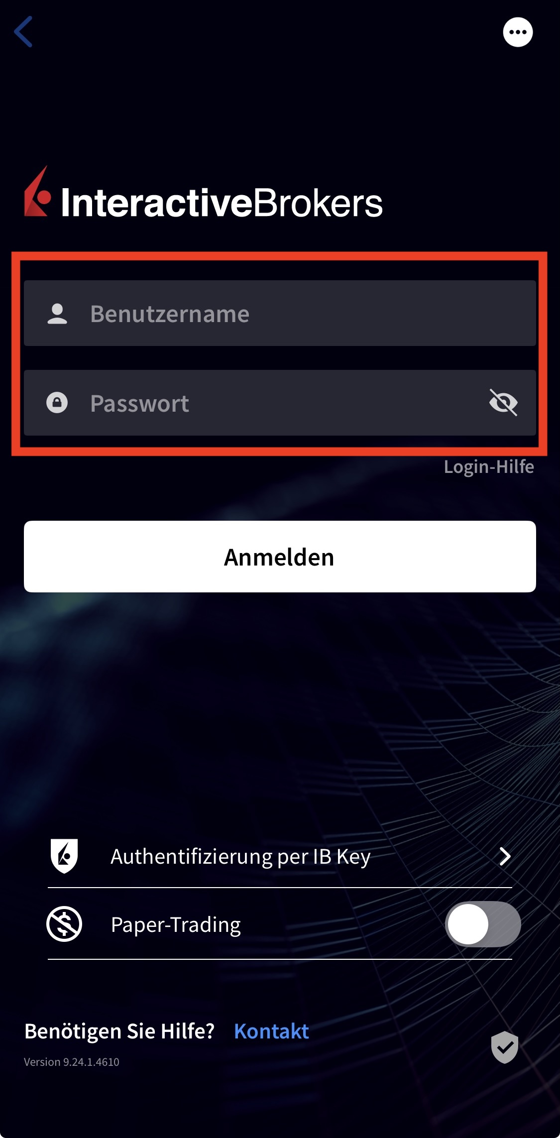 Login-Bildschirm der Interactive Brokers App mit Benutzername- und Passwort-Feldern
