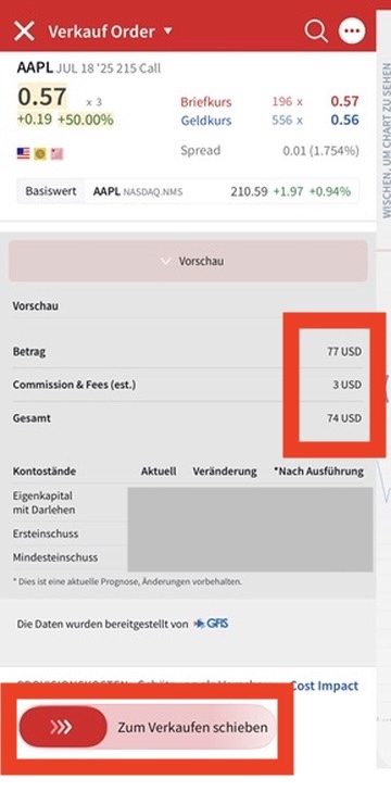 Optionsübersicht in der Interactive Brokers App