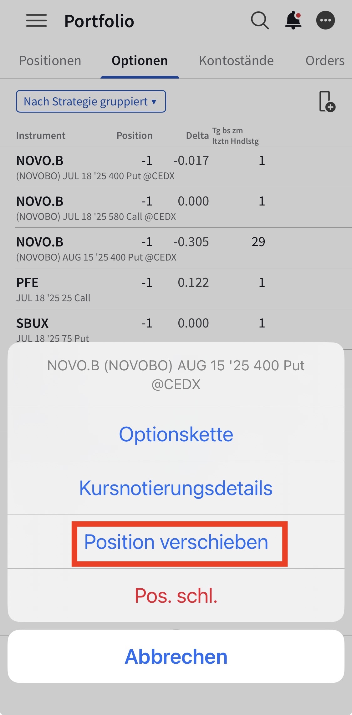 Posirion verschieben auswählen in der Interactive Brokers App