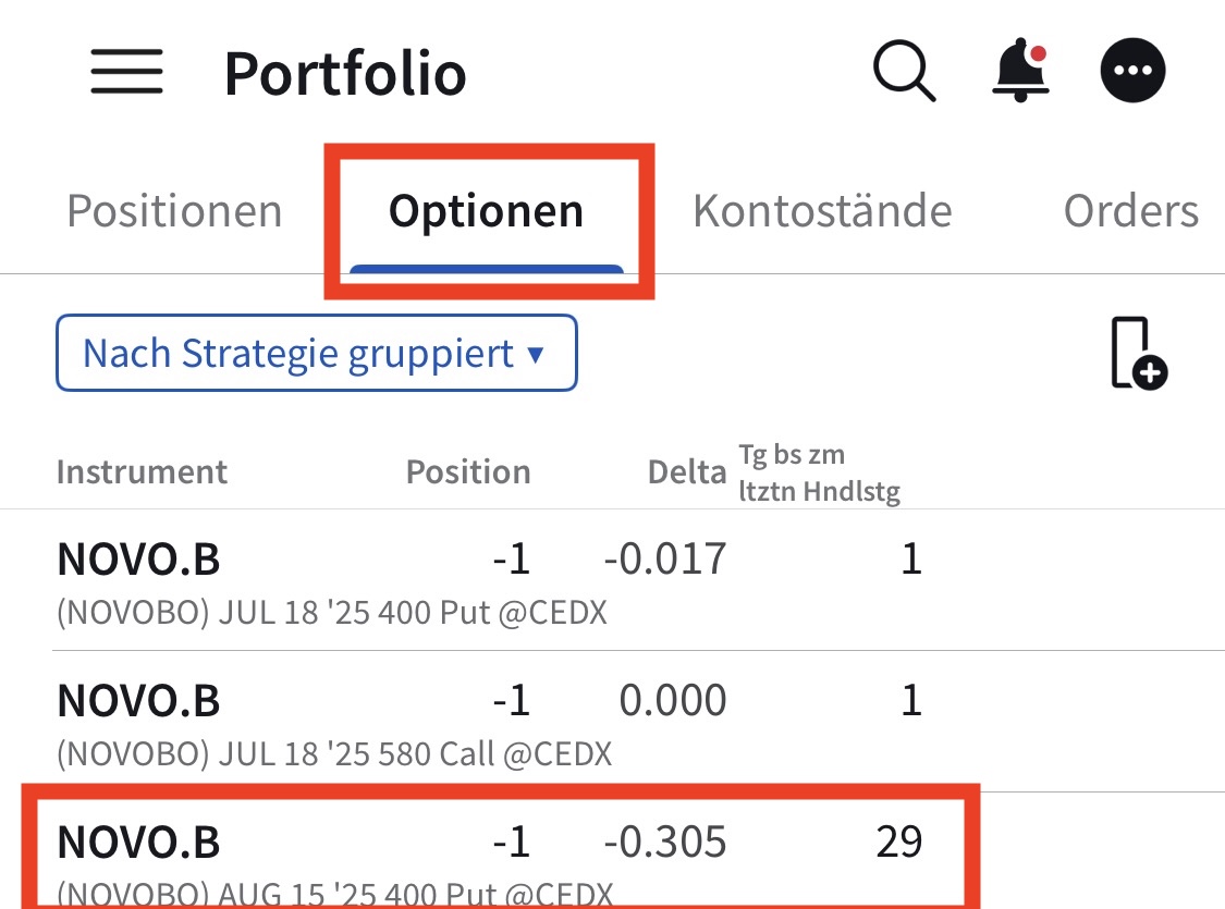 Option zum Rollen auswählen in der Interactive Brokers App