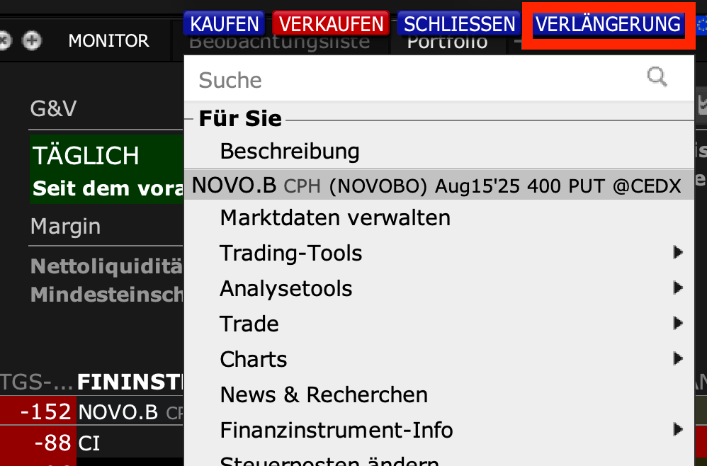 Option verlängern in der Interactive Brokers TWS