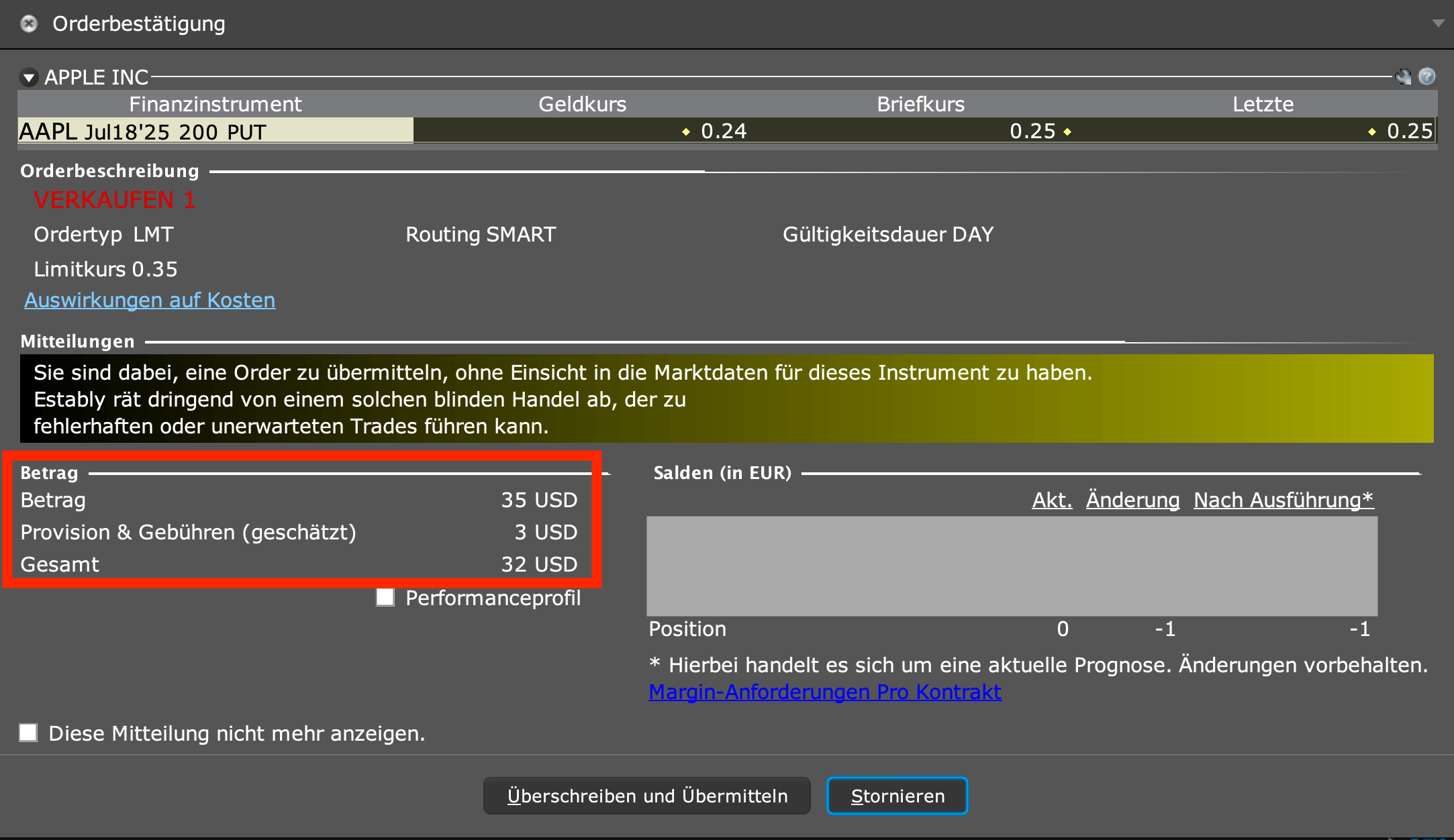 Orderübersicht in der Interactive Brokers TWS
