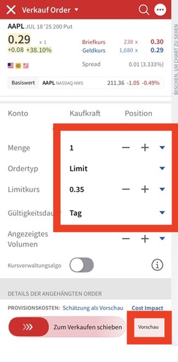 Verkaufsorder Menge und Limitkurs in der Interactive Brokers App
