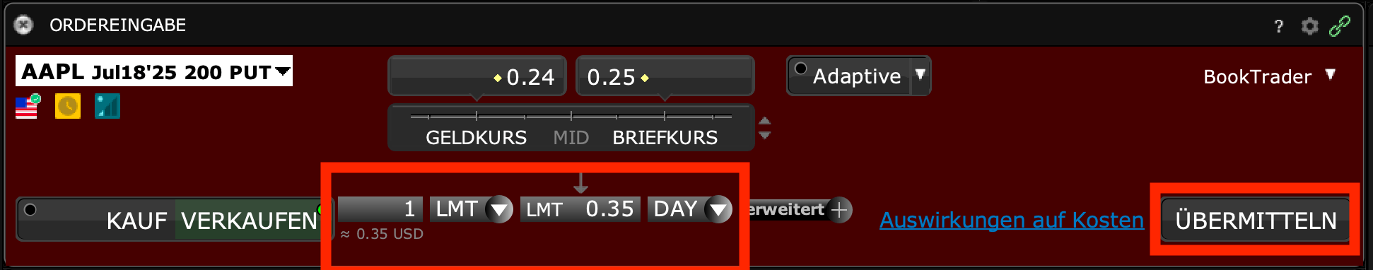 Order einstellen in der Interactive Brokers TWS