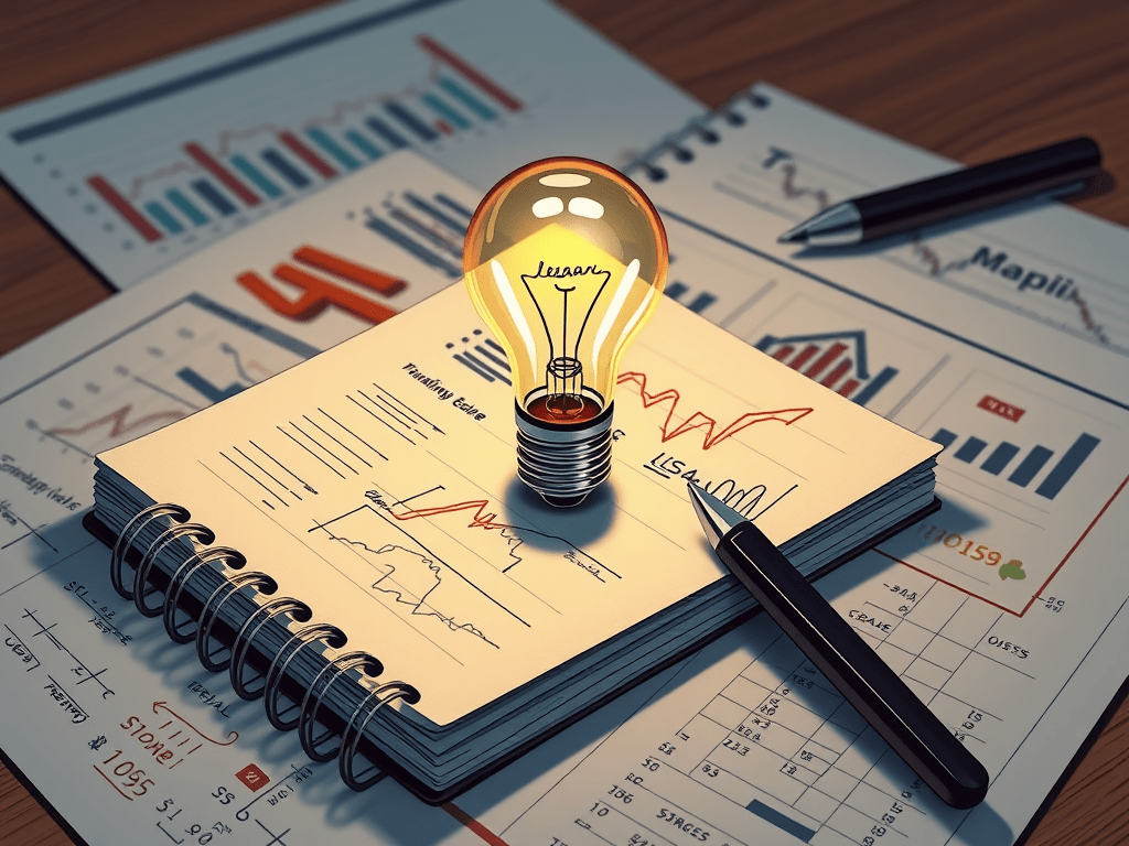 Learnings aus dem Trading mit Notizbuch, Glühbirne und Diagrammen