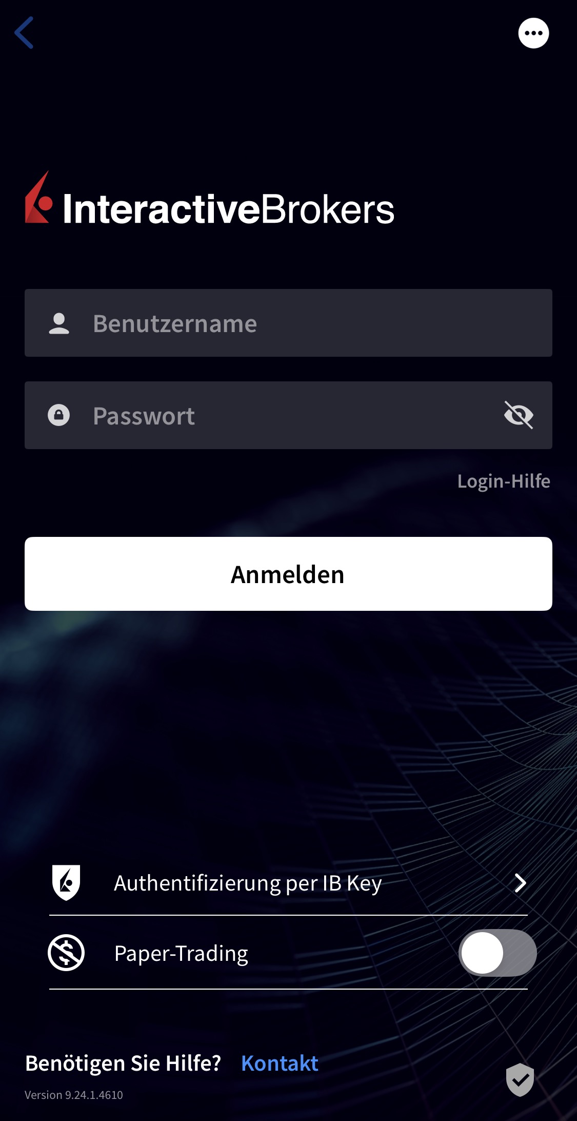Login-Bildschirm der Interactive Brokers App mit Benutzername- und Passwort-Feldern