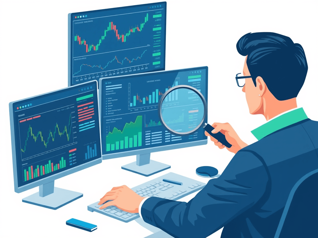 Investor analysiert Aktien auf Monitoren mit Diagrammen und Tickern