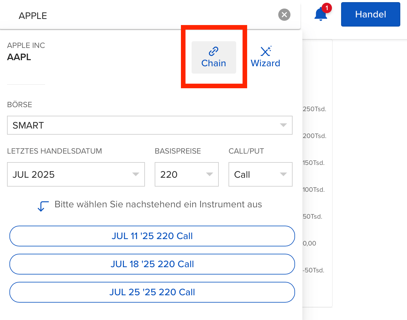 Laptop Optionskette im Menü Estably