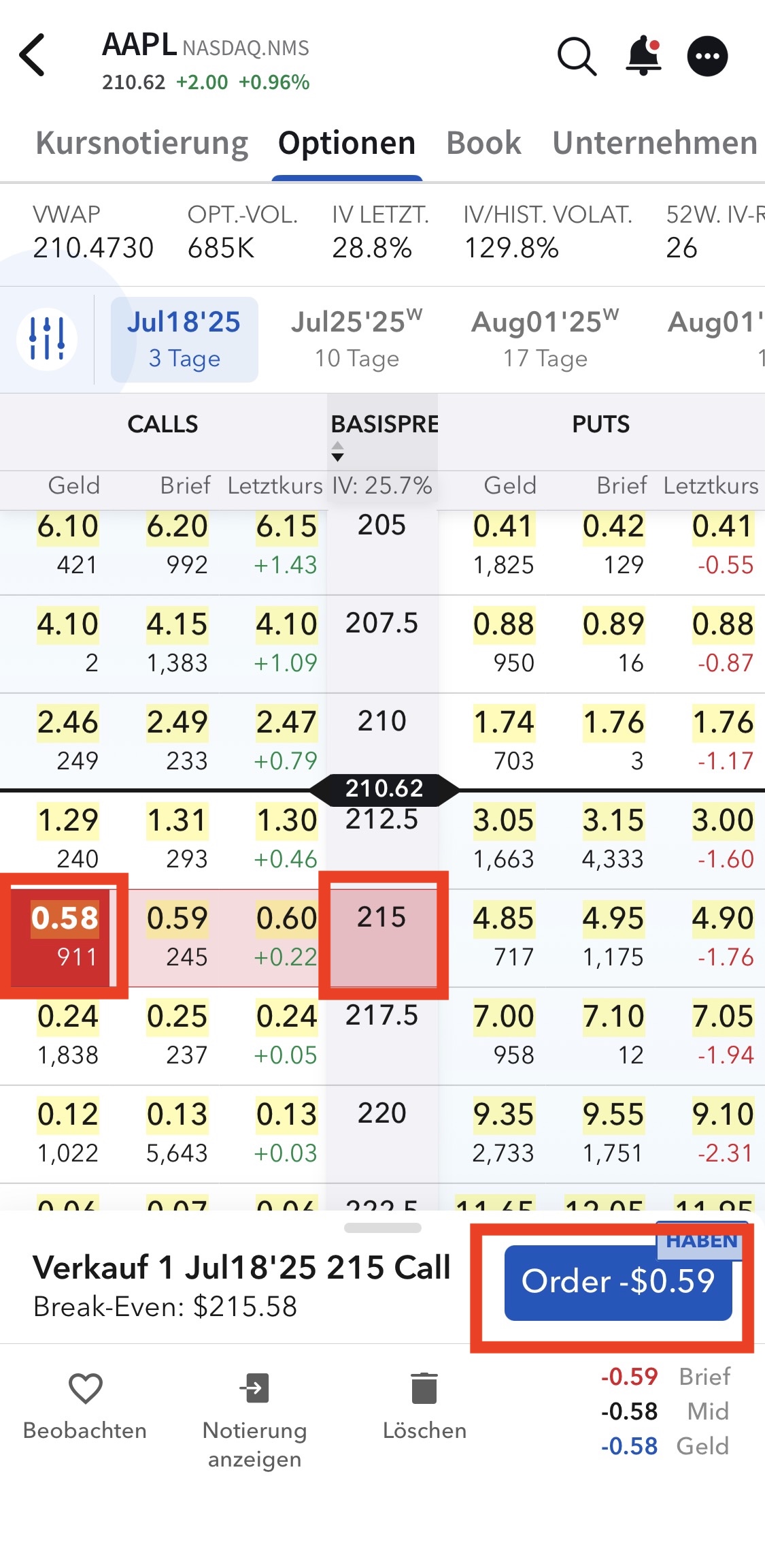 Strikeauswahl in der Interactive Brokers App