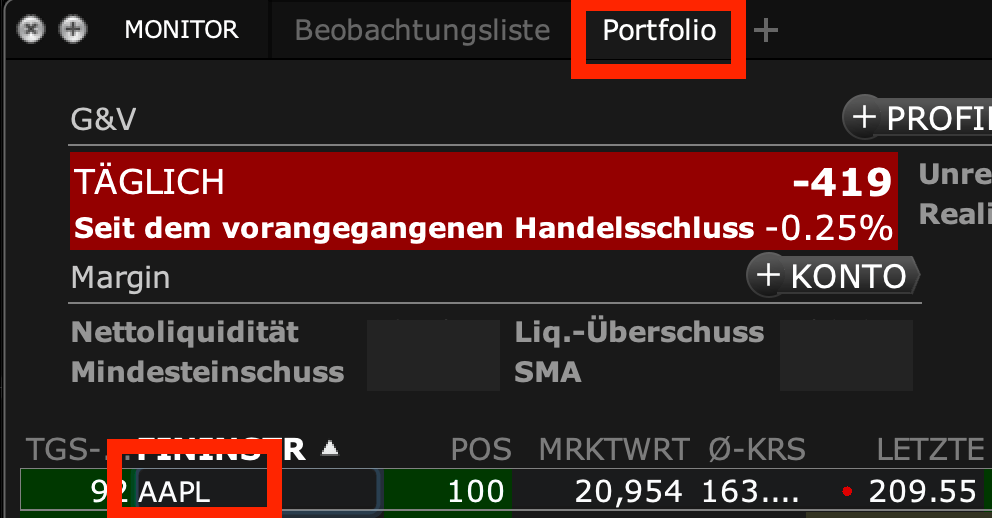 Aktie im Portfolio auswählen in der Interactive Brokers TWS