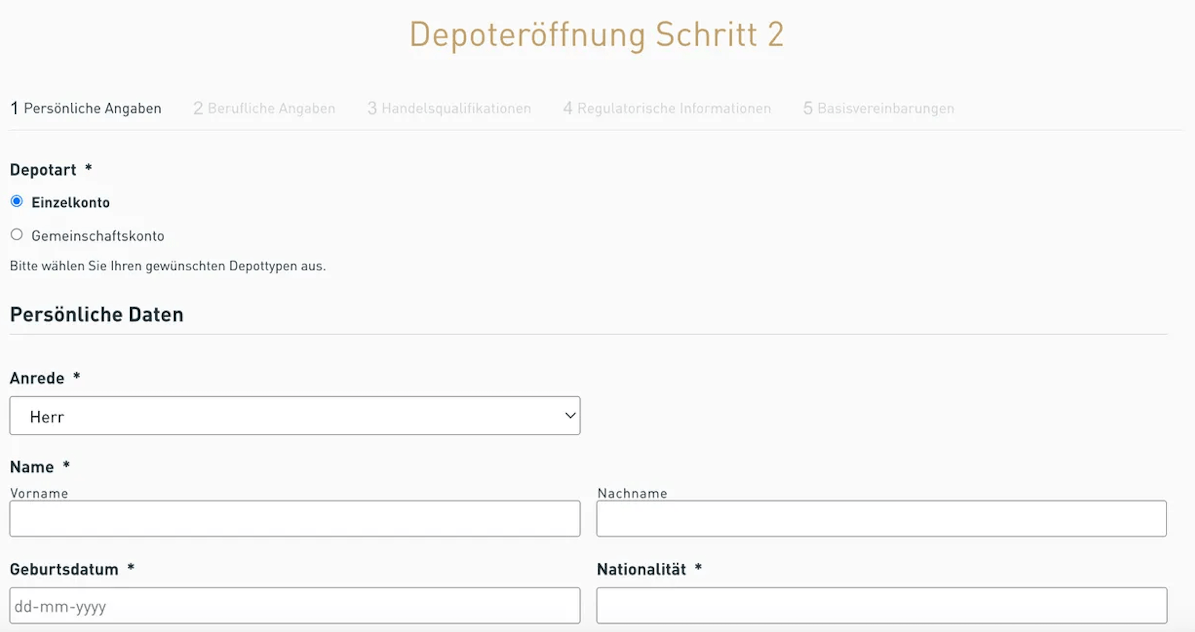 Screenshot des Estably Depoteröffnungsprozess Schritt 2 auf Desktop