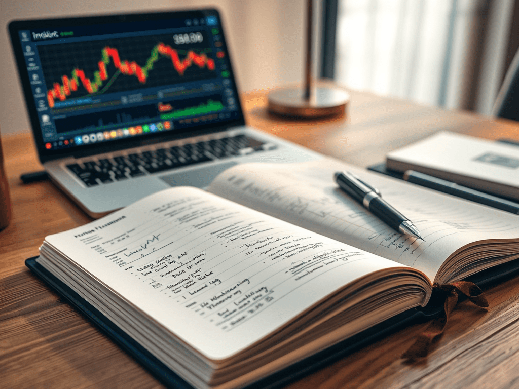 Trader dokumentiert Handelsaktivitäten mit Tabellen und Charts