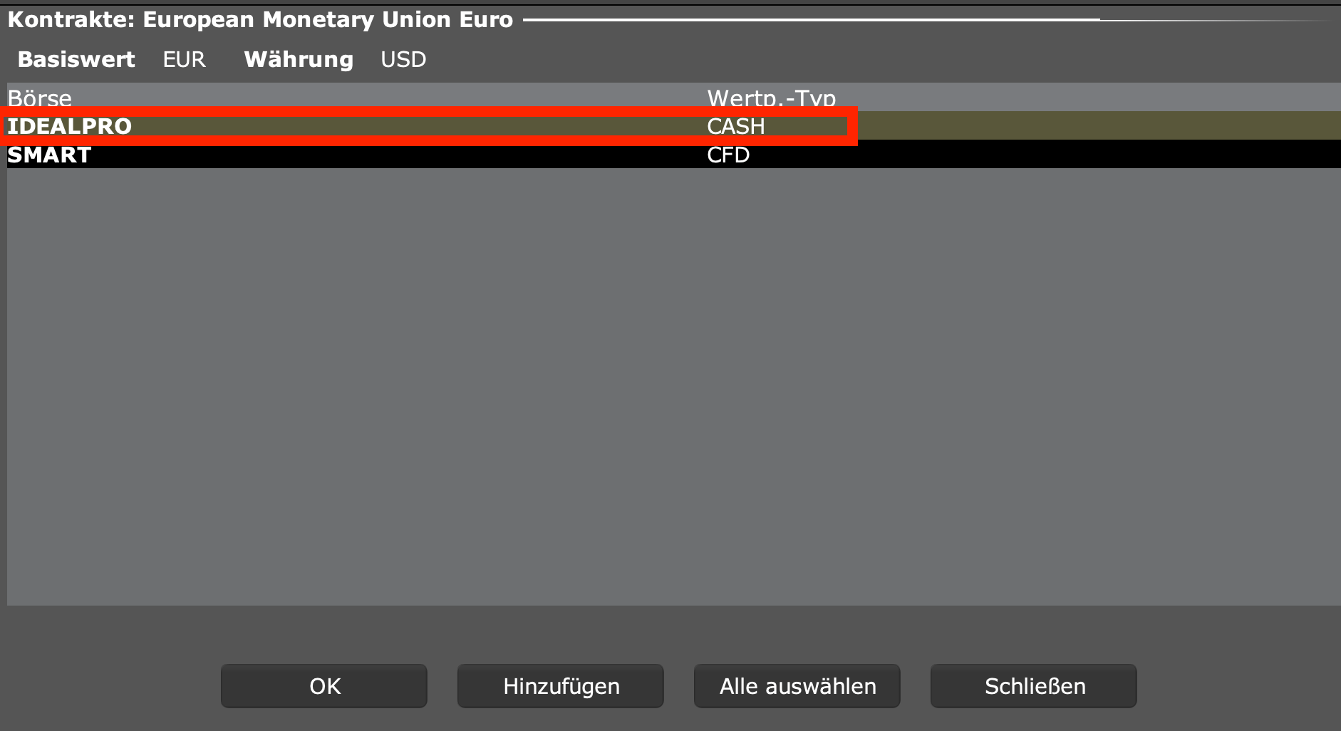 Idealpro auswählen in der Interactive Brokers TWS