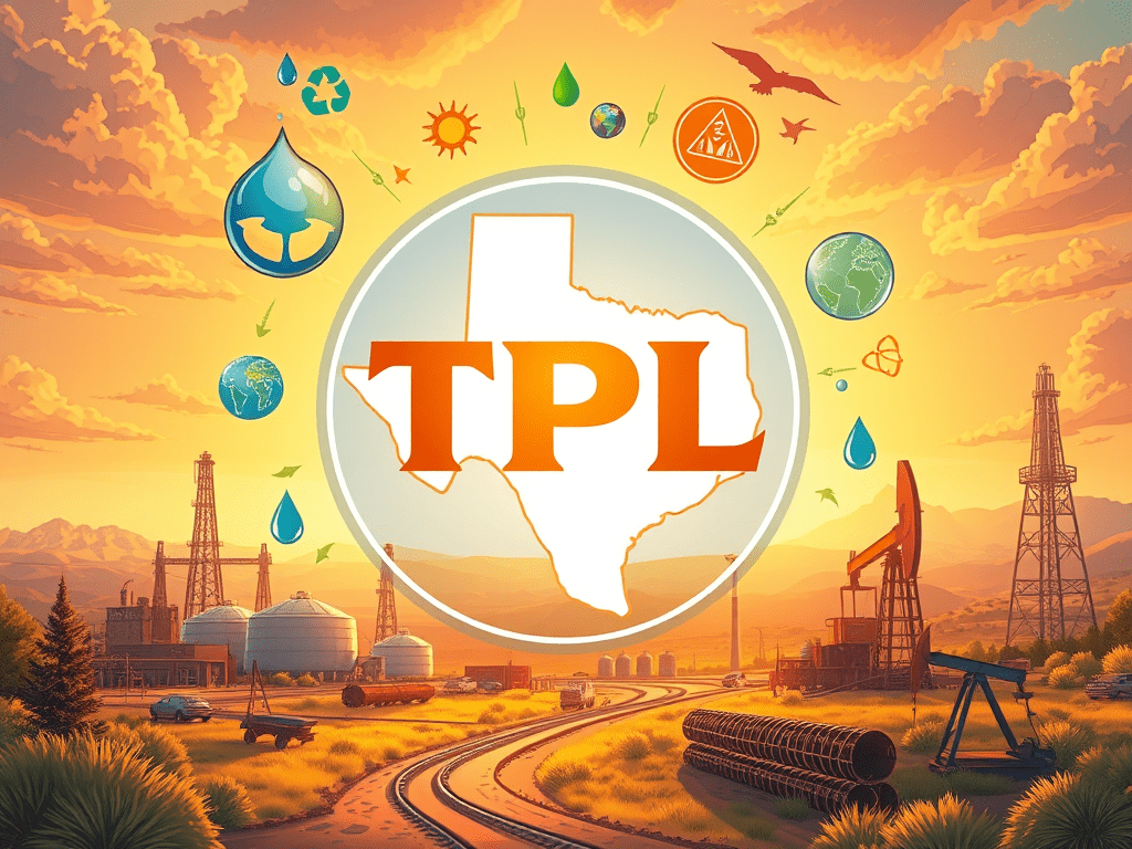 Titelbild für Texas Pacific Land Aktie, zeigt Land, Öl- und Gasraffiniereien, Rechenzentrum im Hintergrund