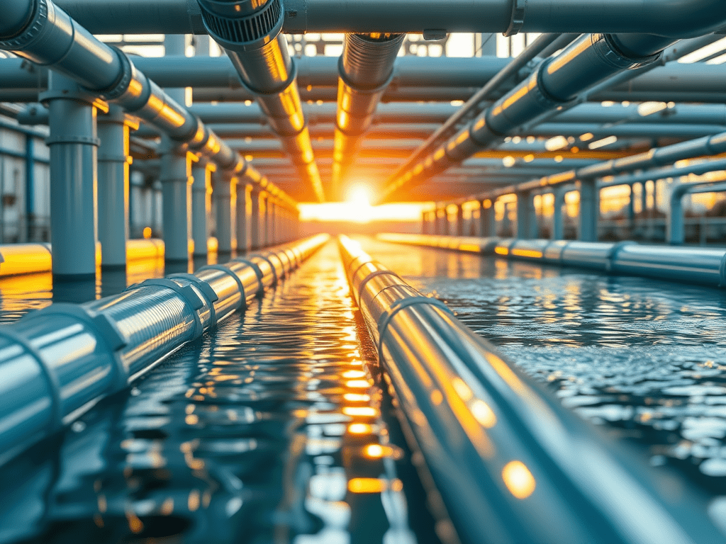 American Water Works Company, Inc. ist einer der führenden Versorger in den USA im Bereich Trinkwasser und Abwasser. Das Unternehmen versorgt rund 14 Millionen Menschen in 14 Bundesstaaten durch regulierte Wasser- und Abwassernetze. Im Bild zu sehen sind Rohre, Wasser und ein Sonnenaufgang.