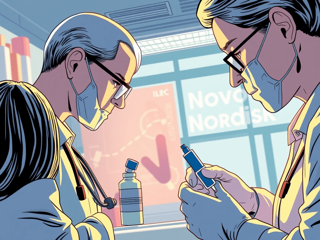 Zwei Ärzte im Vordergrund mit einer Abnehmspritze, Novo Nordisk Schritfzug im Hintergrund