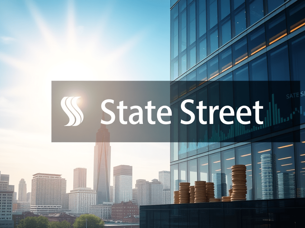 Skyline im Hintergrund, State Street und Geldmünzen im Vordergrund.