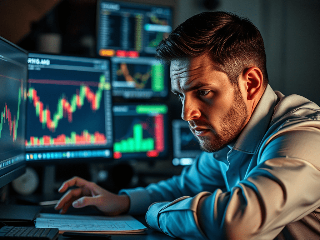 Trading Psychologie: Nachdenklicher Trader mit Bildschirmen im Hintergrund.