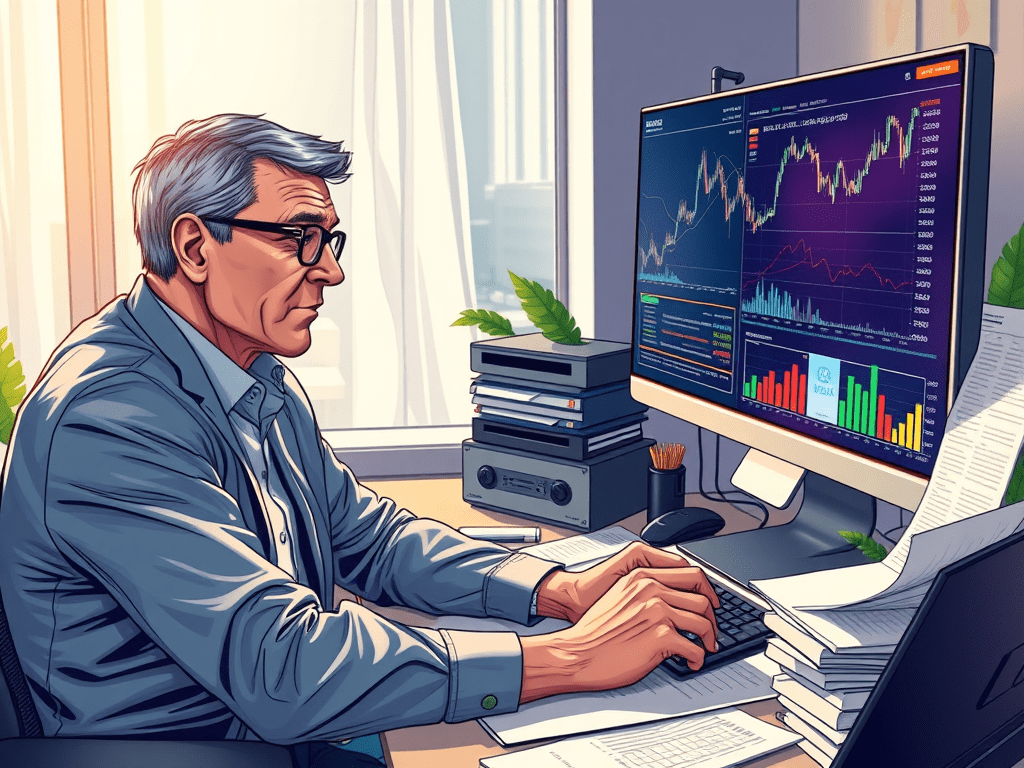 Nachdenklicher Investor vor Bildschirm.